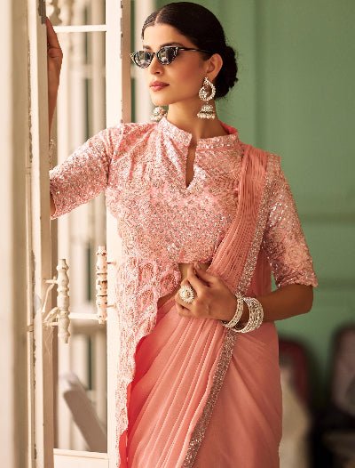 1 Min Peach Stylish Designer Readymade Saree+ Blouse - BONYHUBSAREE