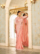 1 Min Peach Stylish Designer Readymade Saree+ Blouse - BONYHUBSAREE
