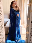 1 Min Peacock Blue Georgette Ready To Wear Saree & Stitched Blouse - BONYHUBSAREE