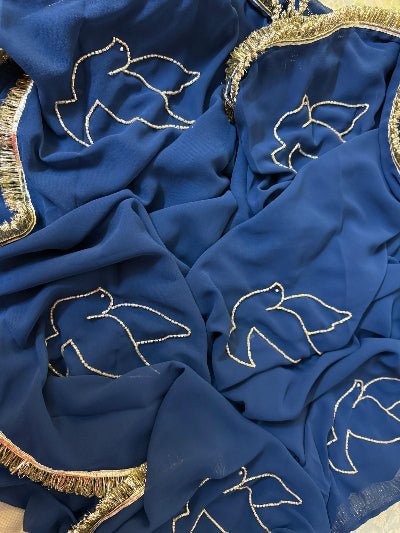 1 Min Peacock Blue Georgette Ready To Wear Saree & Stitched Blouse - BONYHUBSAREE