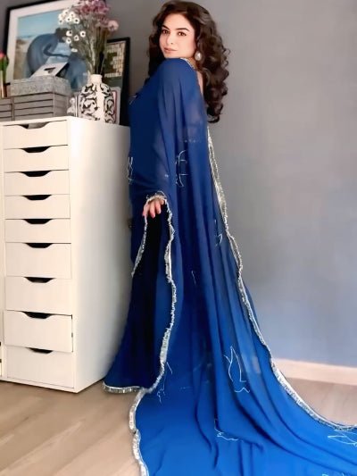 1 Min Peacock Blue Georgette Ready To Wear Saree & Stitched Blouse - BONYHUBSAREE