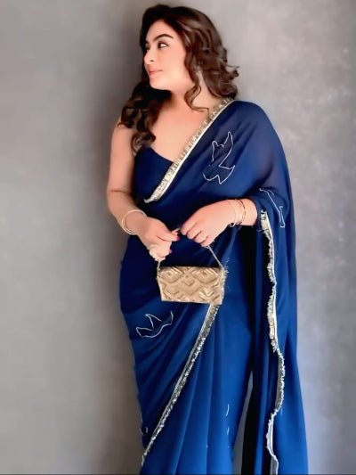 1 Min Peacock Blue Georgette Ready To Wear Saree & Stitched Blouse - BONYHUBSAREE