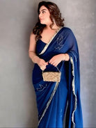 1 Min Peacock Blue Georgette Ready To Wear Saree & Stitched Blouse - BONYHUBSAREE