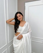 1 Min Pearl White Georgette Stitched Readymade Saree & Blouse - BONYHUBSAREE