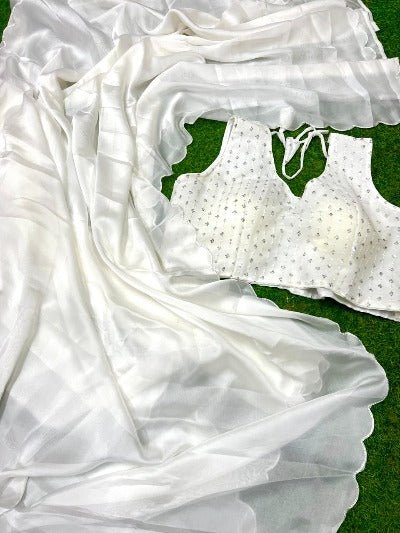 1 Min Pearl White Georgette Stitched Readymade Saree & Blouse - BONYHUBSAREE