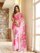 1 Min Pink Georgette Floral Print Stitched Readymade Saree - BONYHUBSAREE