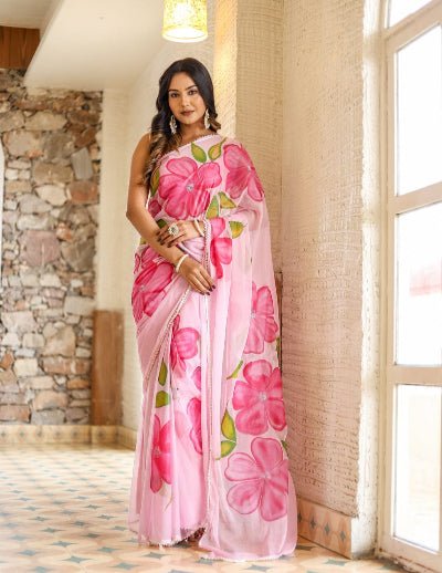 1 Min Pink Georgette Floral Print Stitched Readymade Saree - BONYHUBSAREE