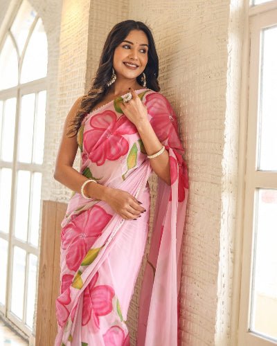 1 Min Pink Georgette Floral Print Stitched Readymade Saree - BONYHUBSAREE