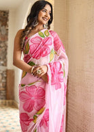 1 Min Pink Georgette Floral Print Stitched Readymade Saree - BONYHUBSAREE