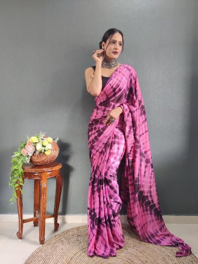 1 Min Pink Shibori Print Ready To Wear Saree - BONYHUBSAREE