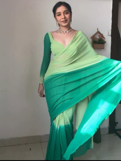 1 Min Pista Green Georgette Dual Shaded Stitched Readymade Saree - BONYHUBSAREE