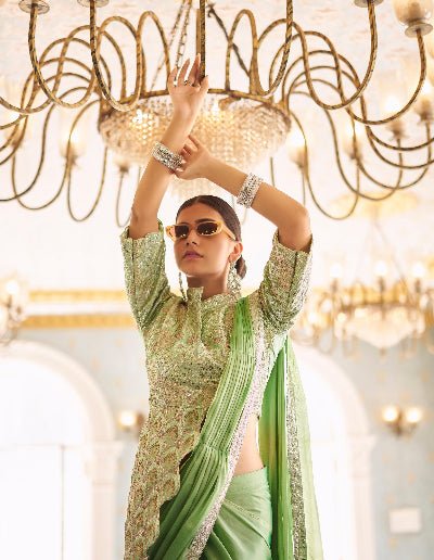 1 Min Pista Green Stylish Designer Readymade Saree+ Blouse - BONYHUBSAREE