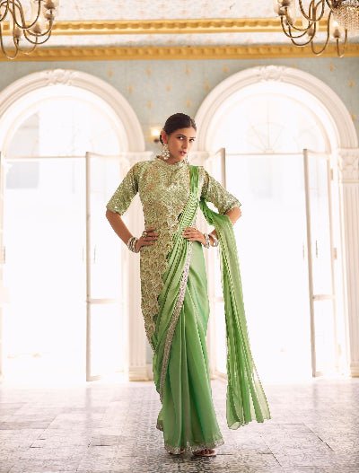 1 Min Pista Green Stylish Designer Readymade Saree+ Blouse - BONYHUBSAREE