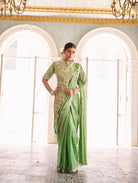 1 Min Pista Green Stylish Designer Readymade Saree+ Blouse - BONYHUBSAREE