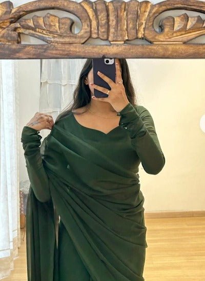 1 Min Plain Green Soft Georgette Stitched Readymade Saree - BONYHUBSAREE