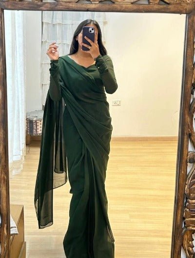 1 Min Plain Green Soft Georgette Stitched Readymade Saree - BONYHUBSAREE