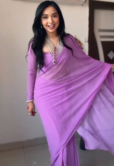 1 Min Plain Lavender Soft Georgette Stitched Readymade Saree - BONYHUBSAREE
