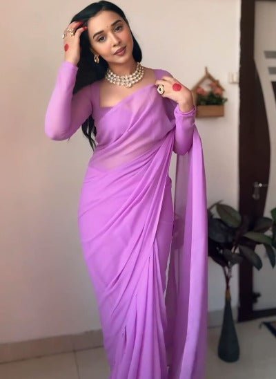 1 Min Plain Lavender Soft Georgette Stitched Readymade Saree - BONYHUBSAREE