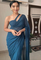 1 Min Plain Teal Blue Soft Georgette Stitched Readymade Saree - BONYHUBSAREE