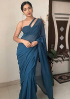 1 Min Plain Teal Blue Soft Georgette Stitched Readymade Saree - BONYHUBSAREE
