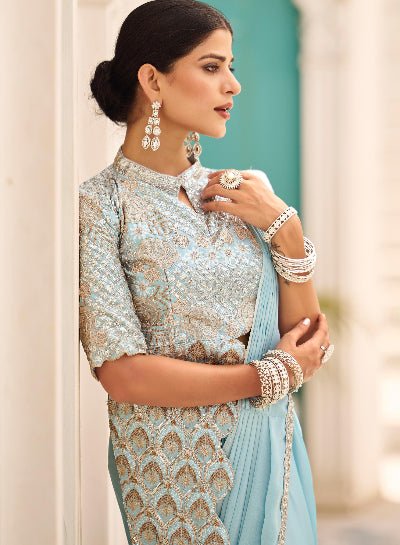 1 Min Powder Blue Stylish Designer Readymade Saree+ Blouse - BONYHUBSAREE