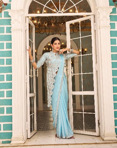 1 Min Powder Blue Stylish Designer Readymade Saree+ Blouse - BONYHUBSAREE
