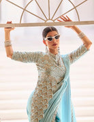 1 Min Powder Blue Stylish Designer Readymade Saree+ Blouse - BONYHUBSAREE