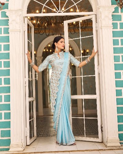 1 Min Powder Blue Stylish Designer Readymade Saree+ Blouse - BONYHUBSAREE