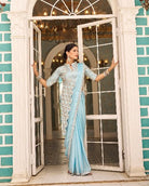 1 Min Powder Blue Stylish Designer Readymade Saree+ Blouse - BONYHUBSAREE
