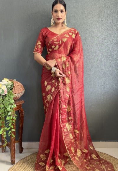 1 Min Premium Silk Zari Work Stitched Readymade Saree - BONYHUBSAREE