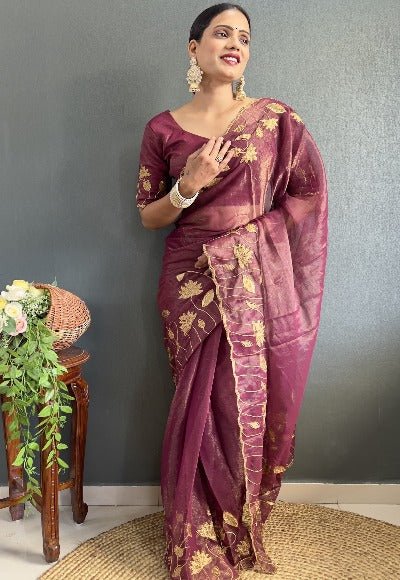 1 Min Premium Silk Zari Work Stitched Readymade Saree - BONYHUBSAREE