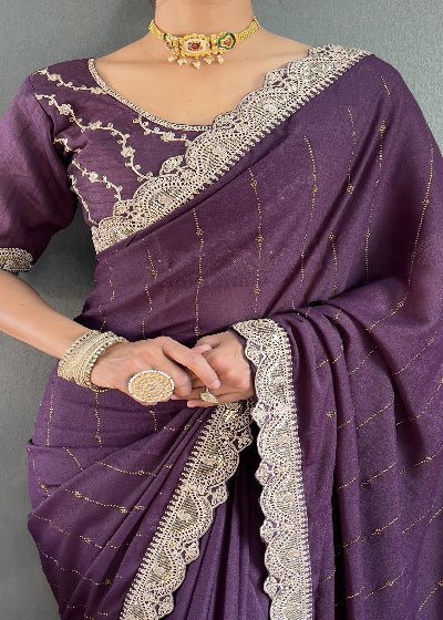 1 Min Purple Georgette Lace Swarovski work Stitched Readymade Saree - BONYHUBSAREE