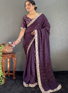 1 Min Purple Georgette Lace Swarovski work Stitched Readymade Saree - BONYHUBSAREE