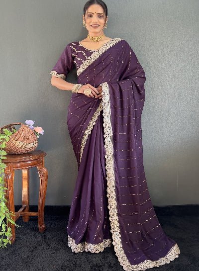 1 Min Purple Georgette Lace Swarovski work Stitched Readymade Saree - BONYHUBSAREE