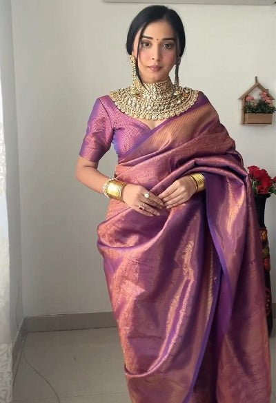 1 Min Purple Gold Litchi Silk Stitched Readymade Saree+ Blouse - BONYHUBSAREE