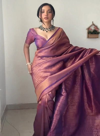 1 Min Purple Gold Litchi Silk Stitched Readymade Saree+ Blouse - BONYHUBSAREE