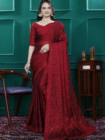 1 Min Red Designer Rangoli Silk Ready To Wear Saree - BONYHUBSAREE