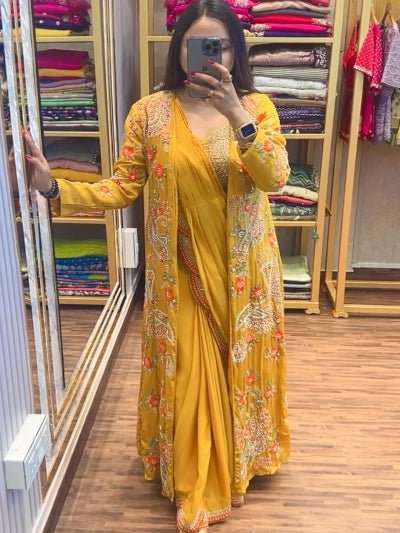 1 Min Red Embroidered Ready to Wear Stitched Saree Blouse & Koti - BONYHUBSAREE