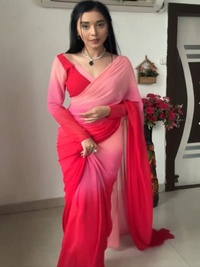 1 Min Red Georgette Dual Shaded Stitched Readymade Saree - BONYHUBSAREE