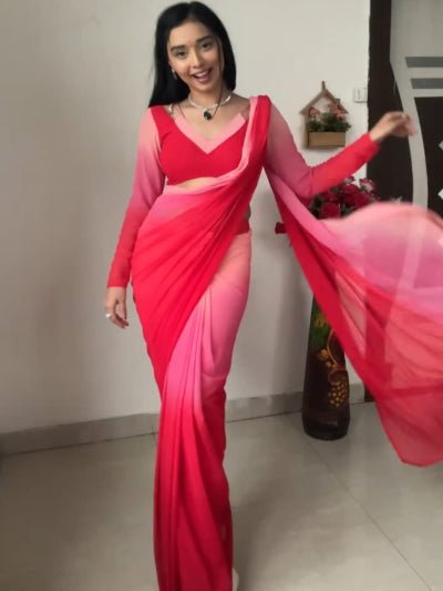 1 Min Red Georgette Dual Shaded Stitched Readymade Saree - BONYHUBSAREE