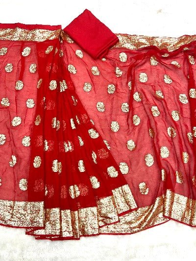 1 Min Red Self Weaving Stitched Readymade Saree With Blouse UK Next Day - BONYHUBSAREE