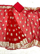 1 Min Red Self Weaving Stitched Readymade Saree With Blouse UK Next Day - BONYHUBSAREE