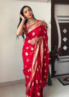 1 Min Red Self Weaving Stitched Readymade Saree With Blouse UK Next Day - BONYHUBSAREE