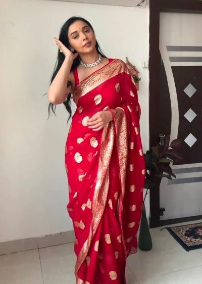 1 Min Red Self Weaving Stitched Readymade Saree With Blouse UK Next Day - BONYHUBSAREE