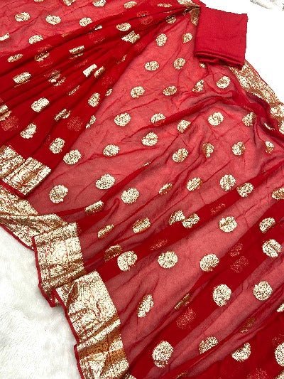 1 Min Red Self Weaving Stitched Readymade Saree With Blouse UK Next Day - BONYHUBSAREE