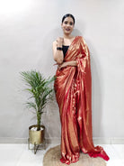 1 Min Red Shimmer Satin Silk Stitched Readymade Saree+ Blouse - BONYHUBSAREE