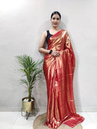 1 Min Red Shimmer Satin Silk Stitched Readymade Saree+ Blouse - BONYHUBSAREE