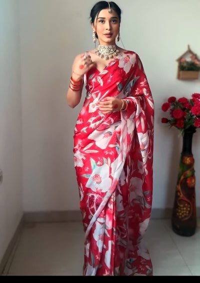 1 Min Red Soft Georgette Printed Floral Stitched Readymade Saree - BONYHUBSAREE