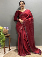 1 Min Red Stitched Saree and Velvet Blouse UK Next Day - BONYHUBSAREE