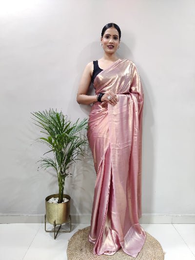 1 Min Rose Gold Shimmer Satin Silk Stitched Readymade Saree+ Blouse - BONYHUBSAREE